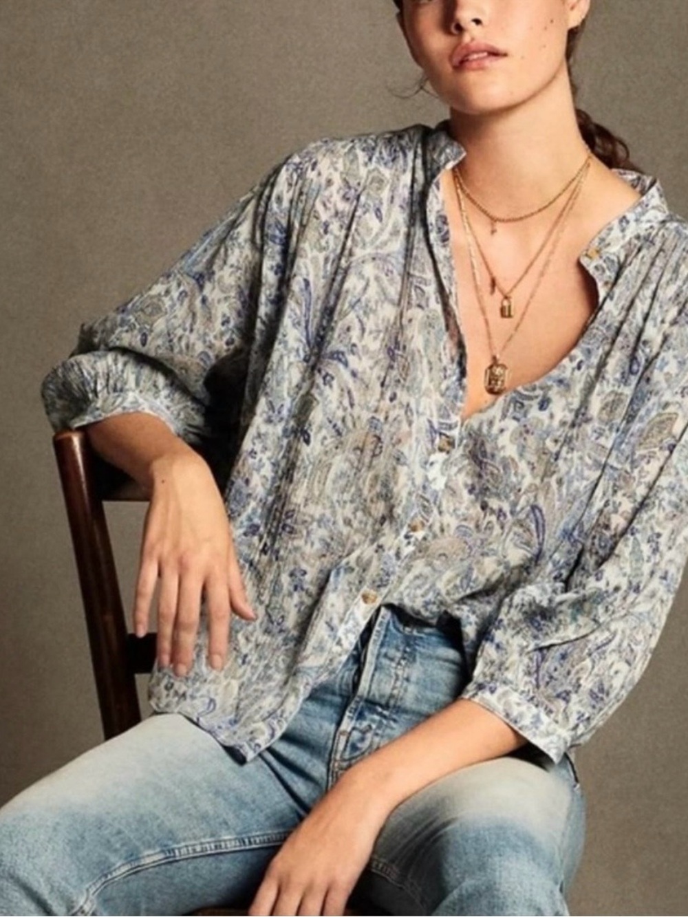 Pilcro by Anthropologie Blue and White Peasant Blouse - Size XS
